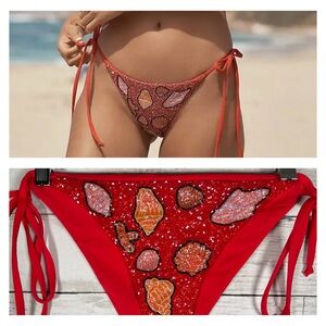 Anthropologie Oceanus Hand Beaded Seashell Bikini Bottoms Red XL NWT $150
